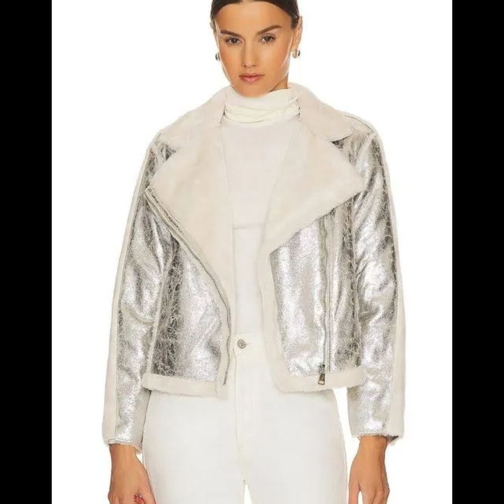 Adrienne Landau $695 NWT Moonstone Faux Shearling Bomber Jacket Sz Large